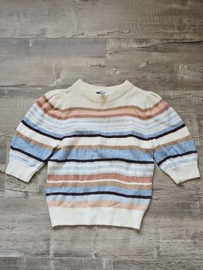 Ever New Cream and Blue Striped Short Sleeve Sweater Size 2 - 10% Wool 7% Alpaca